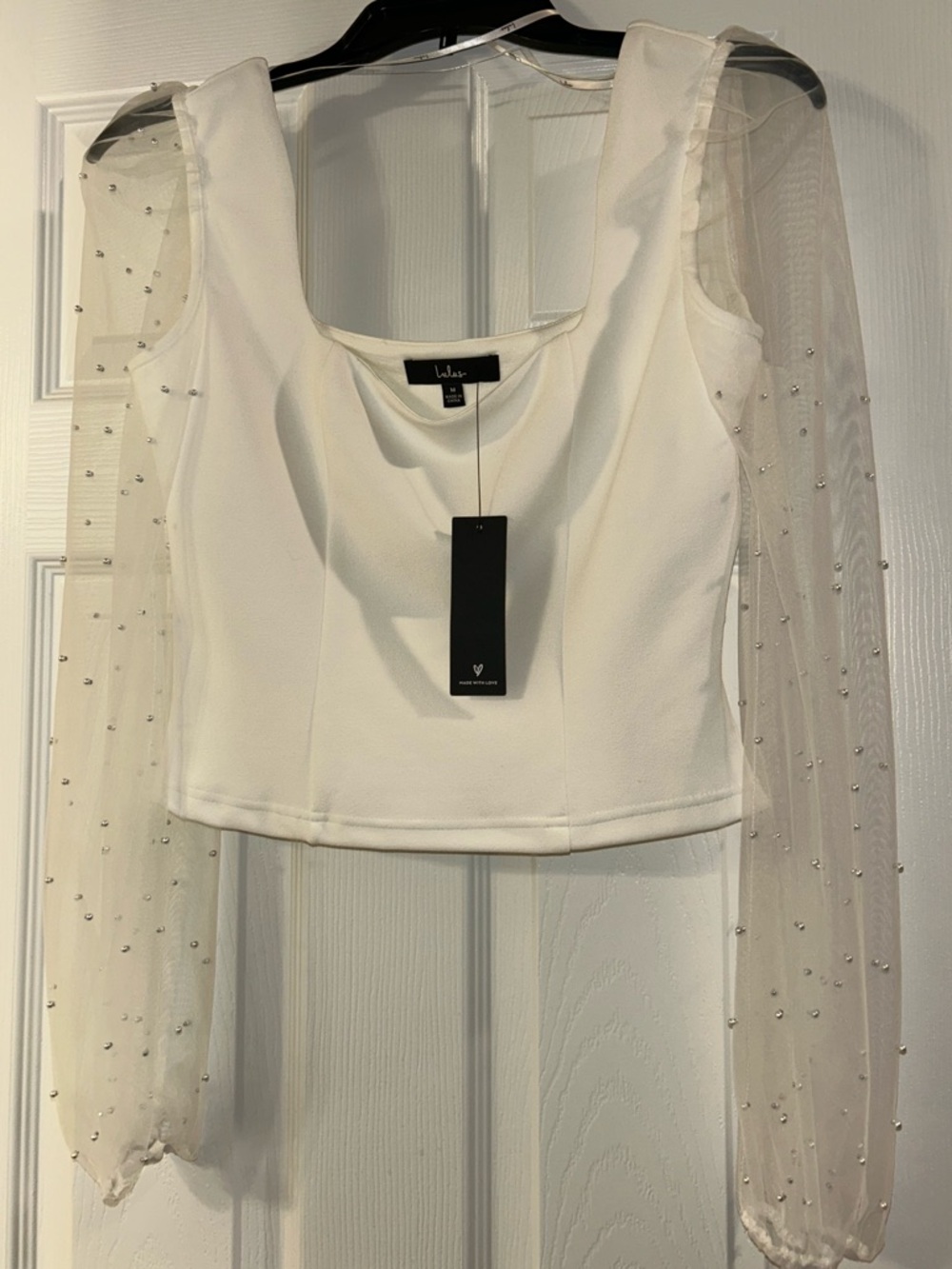 Lulus White Top with Sheer Faux Pearl Embellished Sleeves